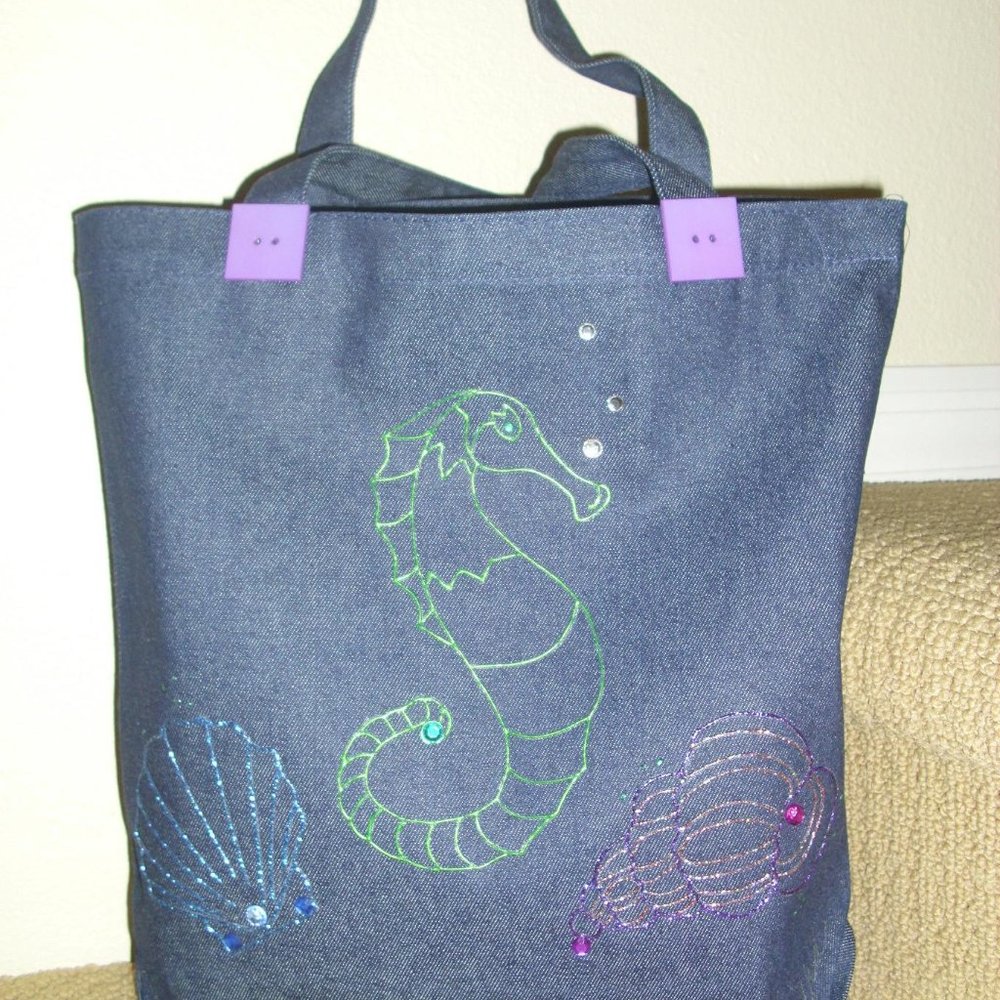 2/$25 NEW Handpainted Embellished Sturdy Denim Tote Bag